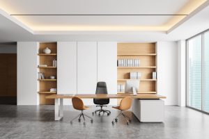 A,modern,office,with,minimalist,design,,featuring,wooden,shelves,,white